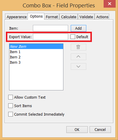 combo box options - Export Value